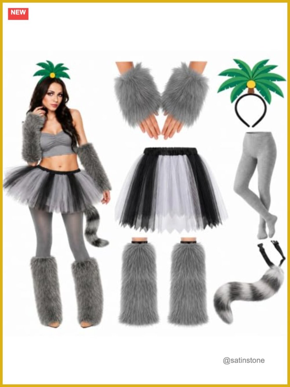 6 Pc Halloween Lemur Costume Accessory Set Faux Fur Tail Gloves Leg Covers